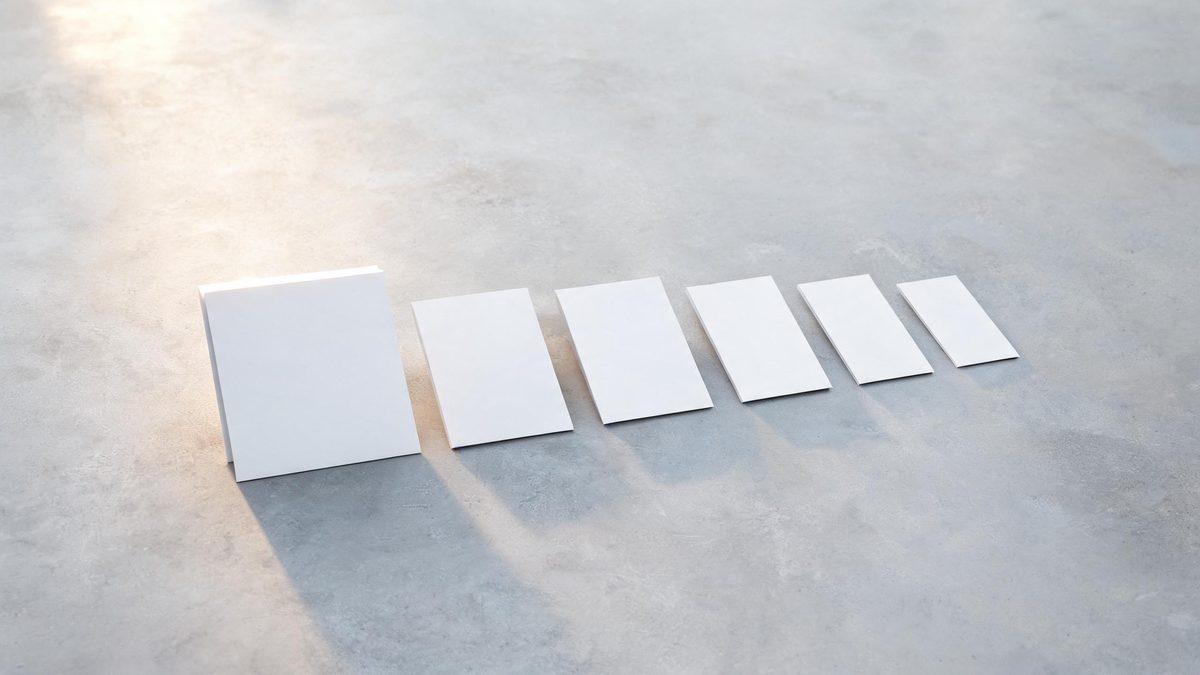 A row of digital photographs shrinking in size, shown as stacked cards on a light grey surface