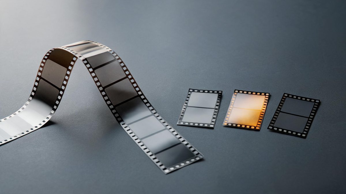 A film strip with individual frames separated out into a row of still photographs
