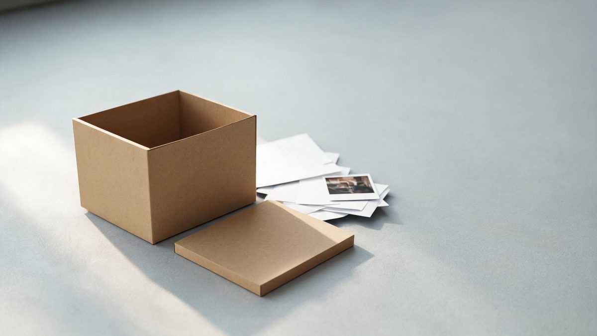Separate documents and photos gathered into a single closed archive box with a zip fastener