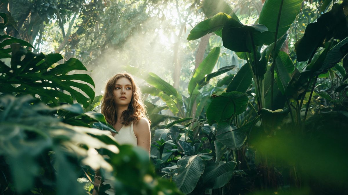 A woman standing in dense tropical jungle with shafts of sunlight falling through the canopy