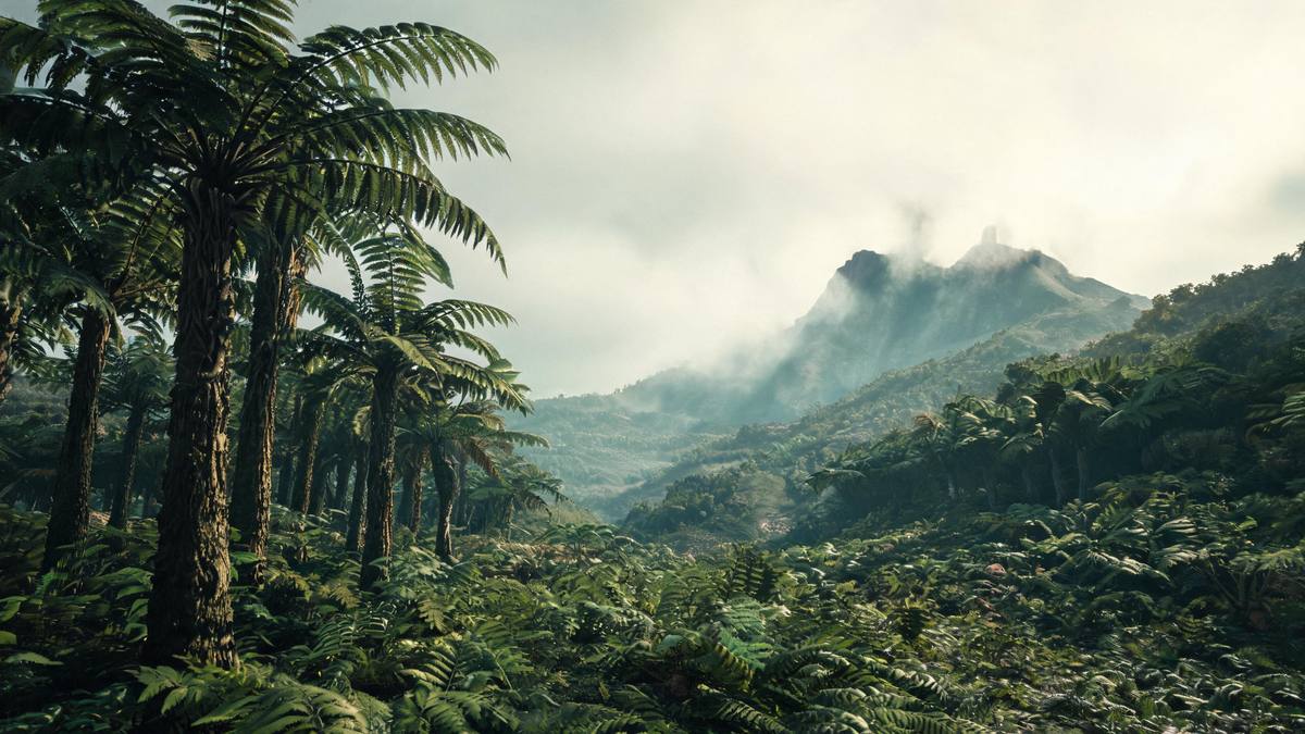 A prehistoric fern valley with tall tree ferns and a hazy volcanic ridge in the distance