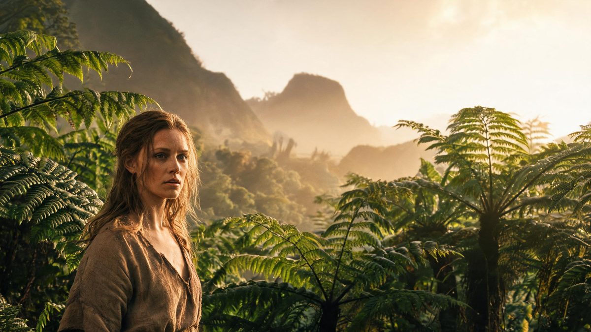A woman standing in a prehistoric fern valley with hazy volcanic ridges in the distance