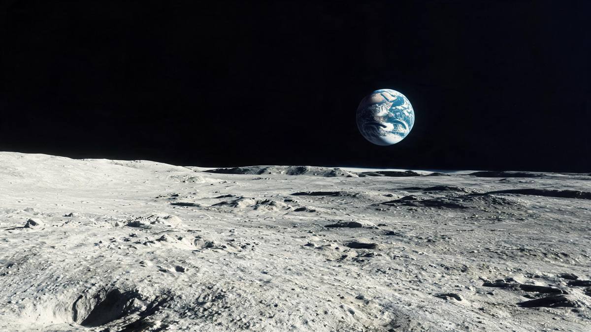 A pale grey lunar landscape with Earth low above the horizon under a black sky