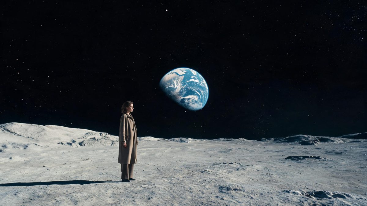 A woman in a simple coat standing on pale grey lunar ground with Earth low above the horizon