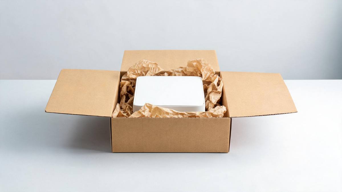 An open cardboard shipping box on a table with a plain product and packing paper