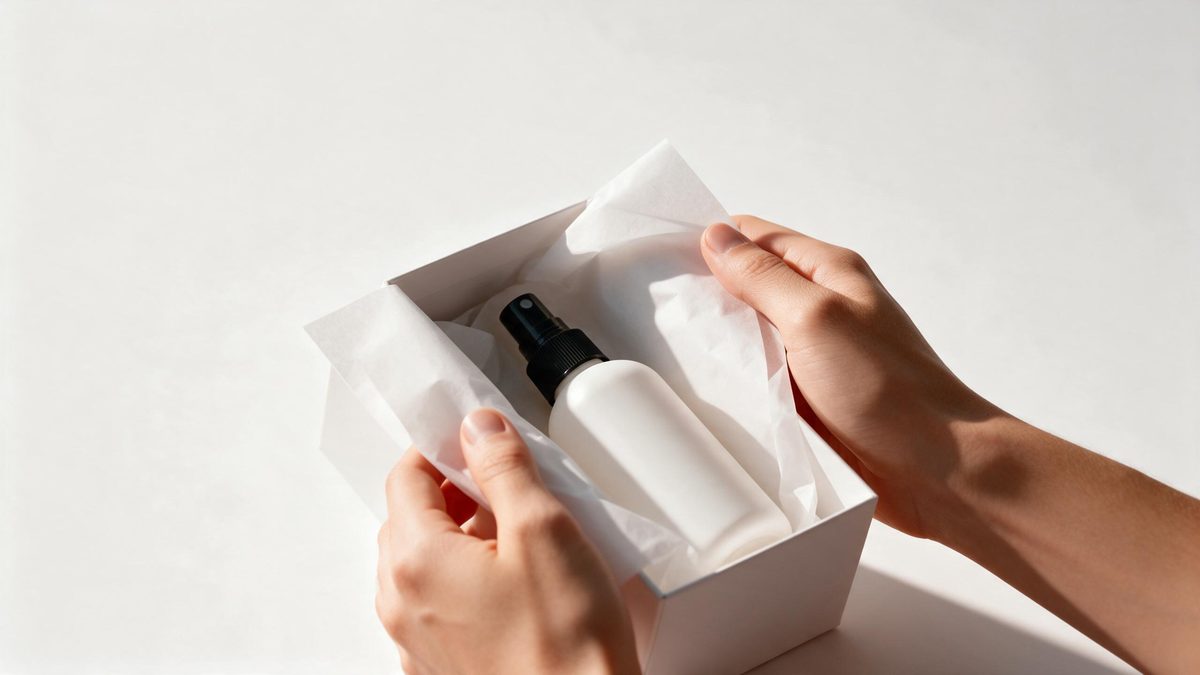 Hands opening a plain gift box to reveal a white spray bottle inside, tissue paper folded back