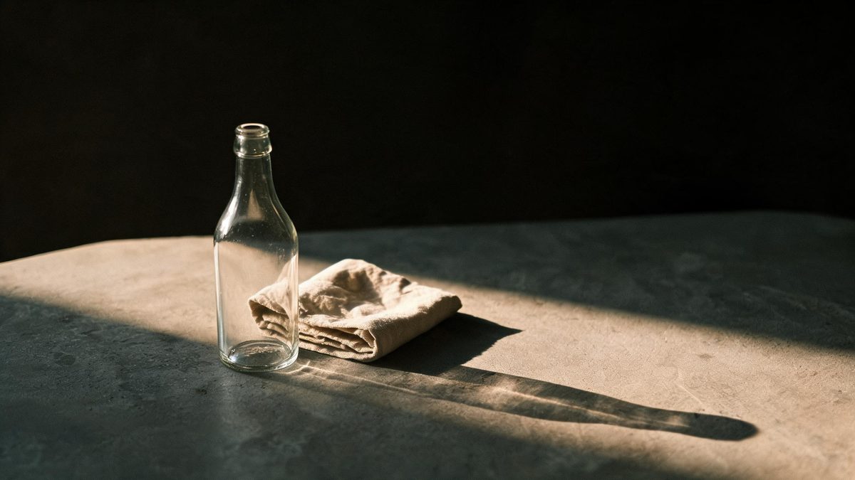 A glass bottle on a plain grey surface beside a folded linen cloth, lit from one side