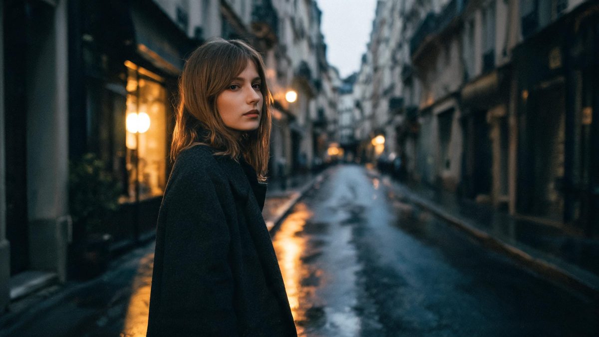 A woman in a dark coat standing in a narrow rain-lit street, the background falling softly out of focus