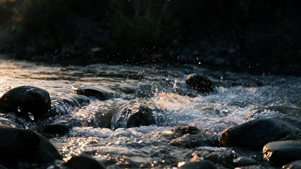 Water streaming over dark river stones caught mid-motion, spray suspended in the air