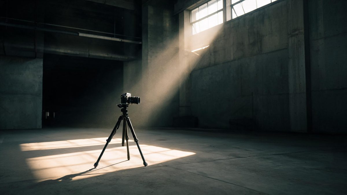 A film camera on a tripod in an empty hangar, long shadows across the concrete floor