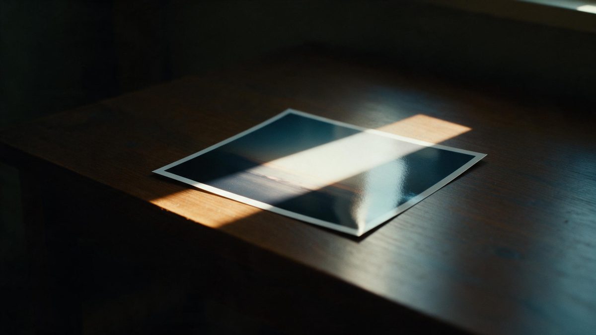 A single sheet of glossy photographic paper lying on a dark wooden table, one corner catching a hard band of window light while the rest falls into shade