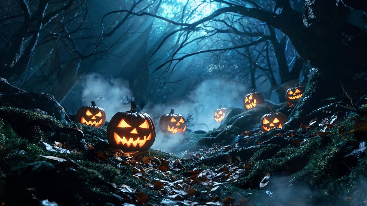Low ground fog drifting between dark tree roots and wet moss on a forest floor at night with cold moonlight raking through bare branches