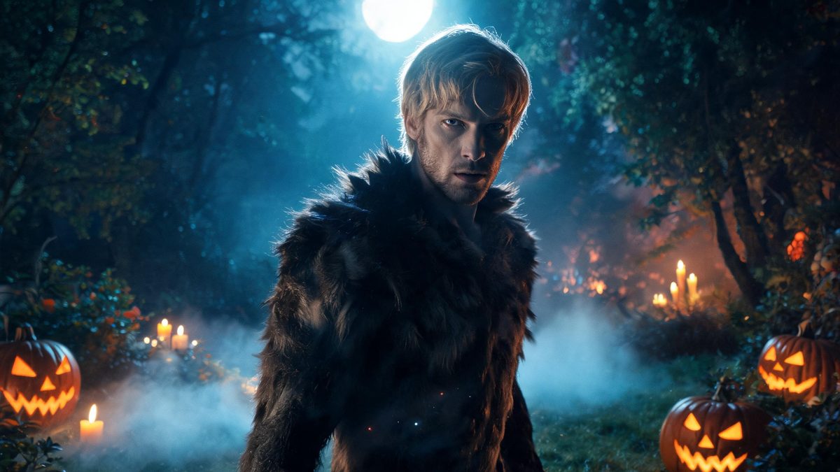 A man standing in a moonlit forest clearing at night, caught mid-change with fur across his shoulders and fog at his feet