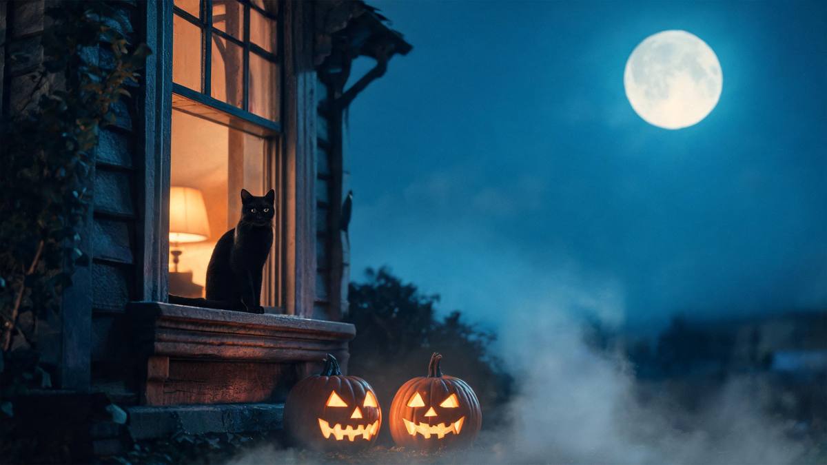 A black cat on a windowsill with a full moon outside and a warm lamp inside