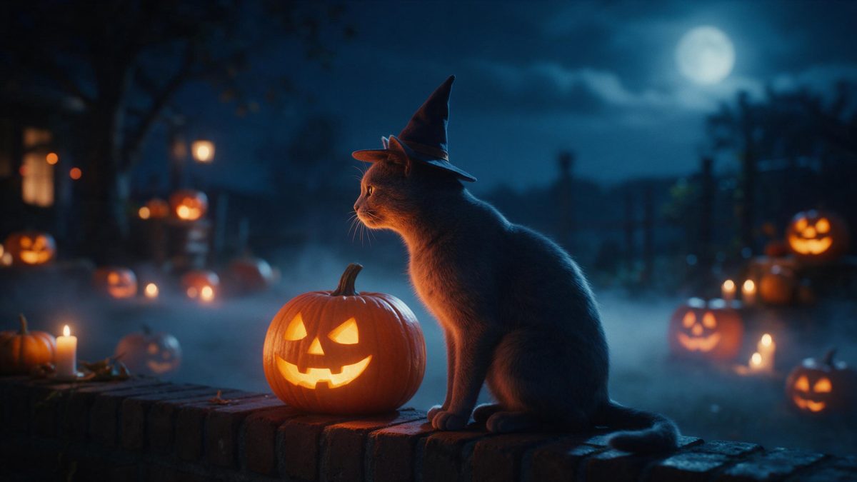 A grey cat in a small pointed witch hat sitting on a brick wall beside a glowing pumpkin