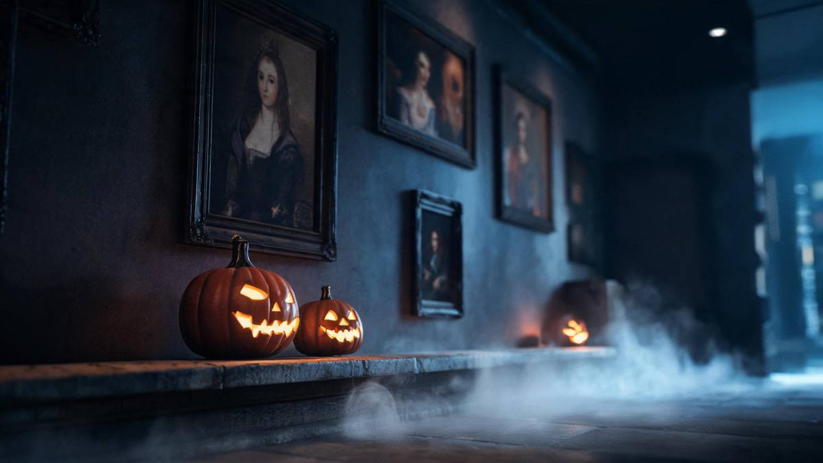 A dark gallery wall hung with framed portraits and small carved pumpkins on the ledge