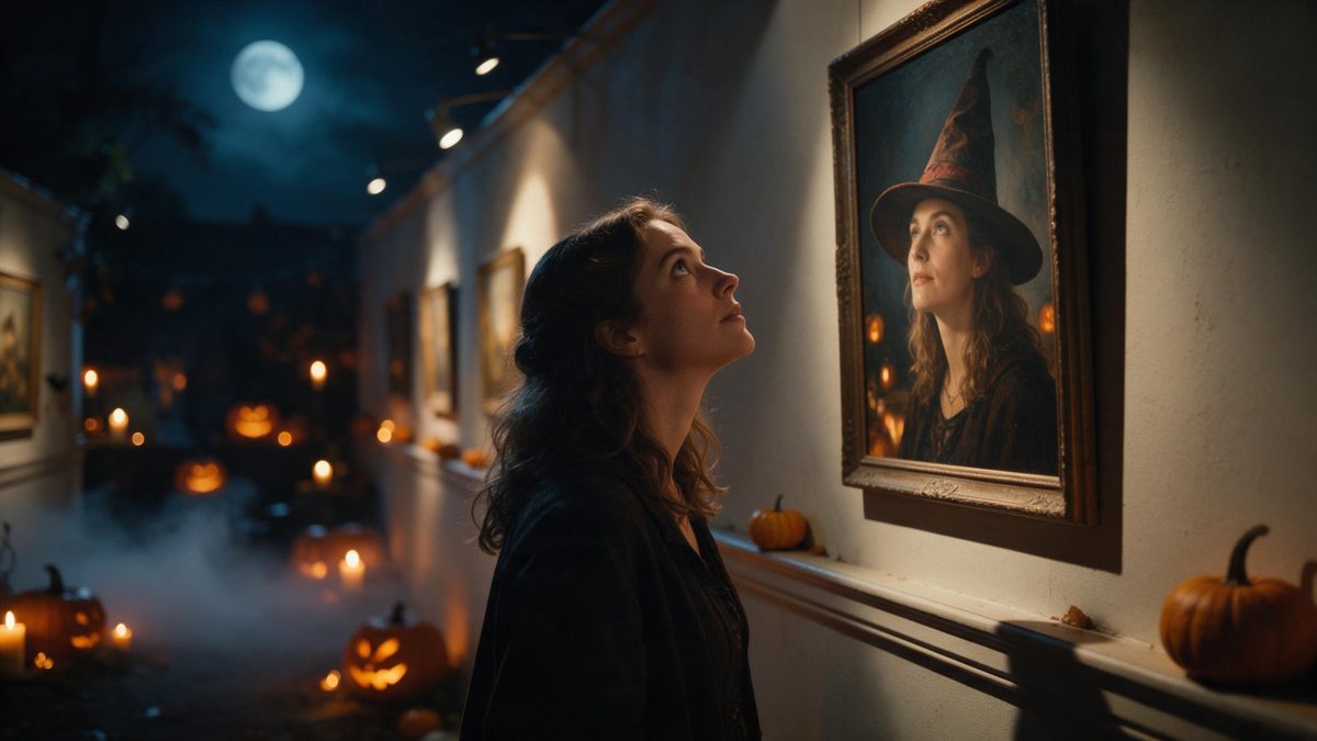 A woman looking up at a gallery wall where one framed portrait shows her in a tall wizard hat