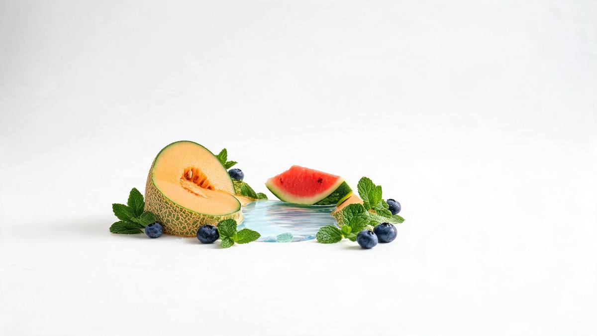 A surreal miniature landscape of fruit and liquid with small hills and pools