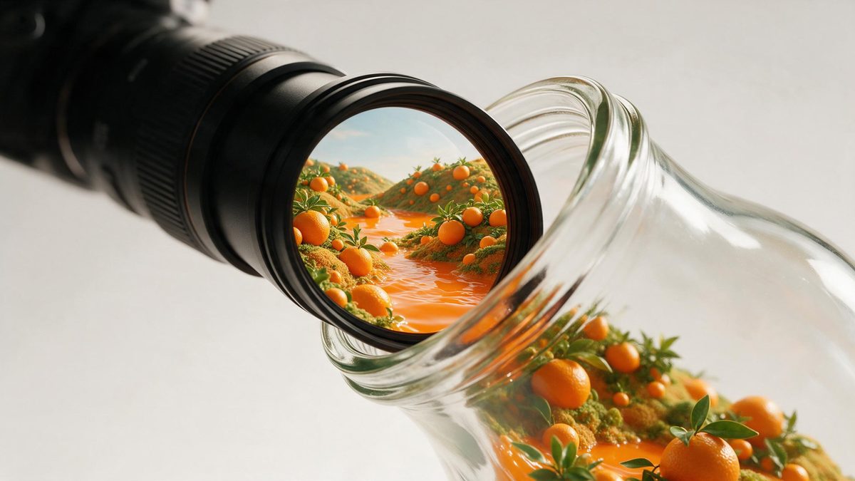 A camera lens entering the mouth of a large bottle into a miniature landscape of citrus hills and liquid pools