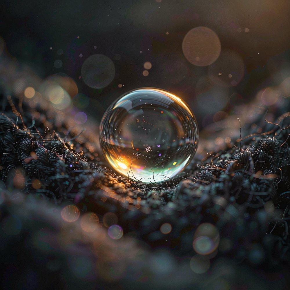 A backlit water droplet in razor-sharp macro detail, representing 4K AI video upscaling and relighting by OpenFilmo