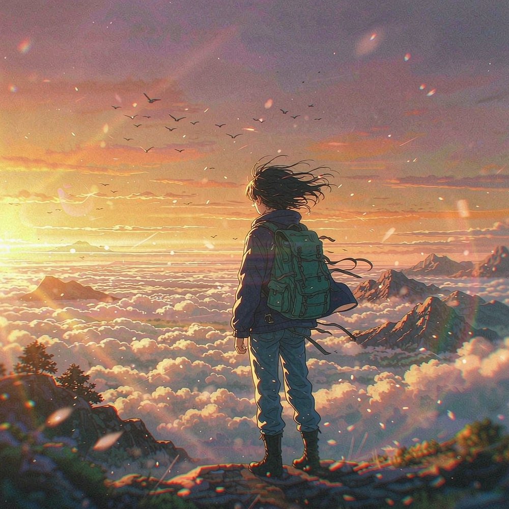 An anime traveller overlooking a glowing sea of clouds at sunset, representing the AI anime video generator by OpenFilmo