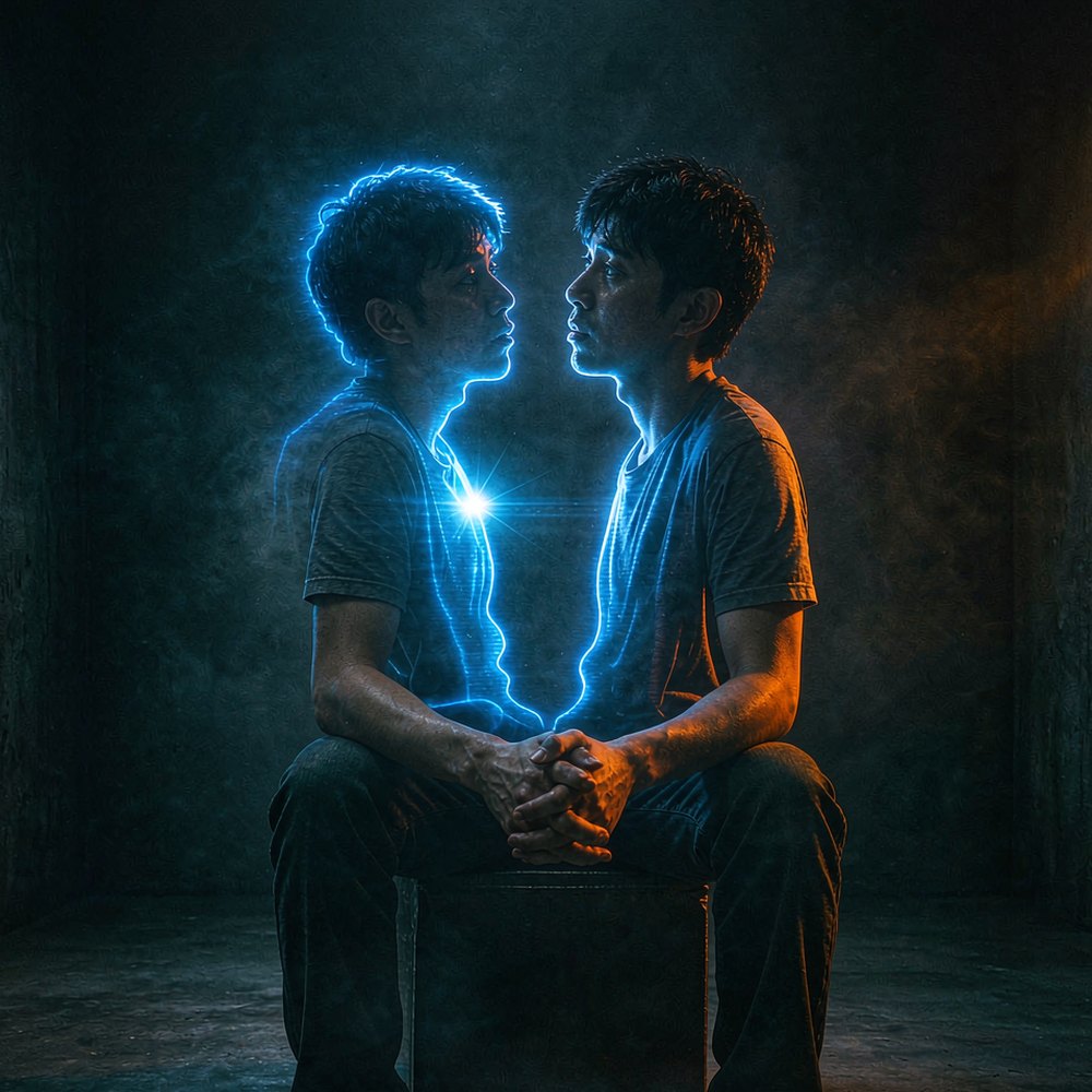 A man seated beside a glowing digital double of himself, representing the AI talking avatar generator by OpenFilmo