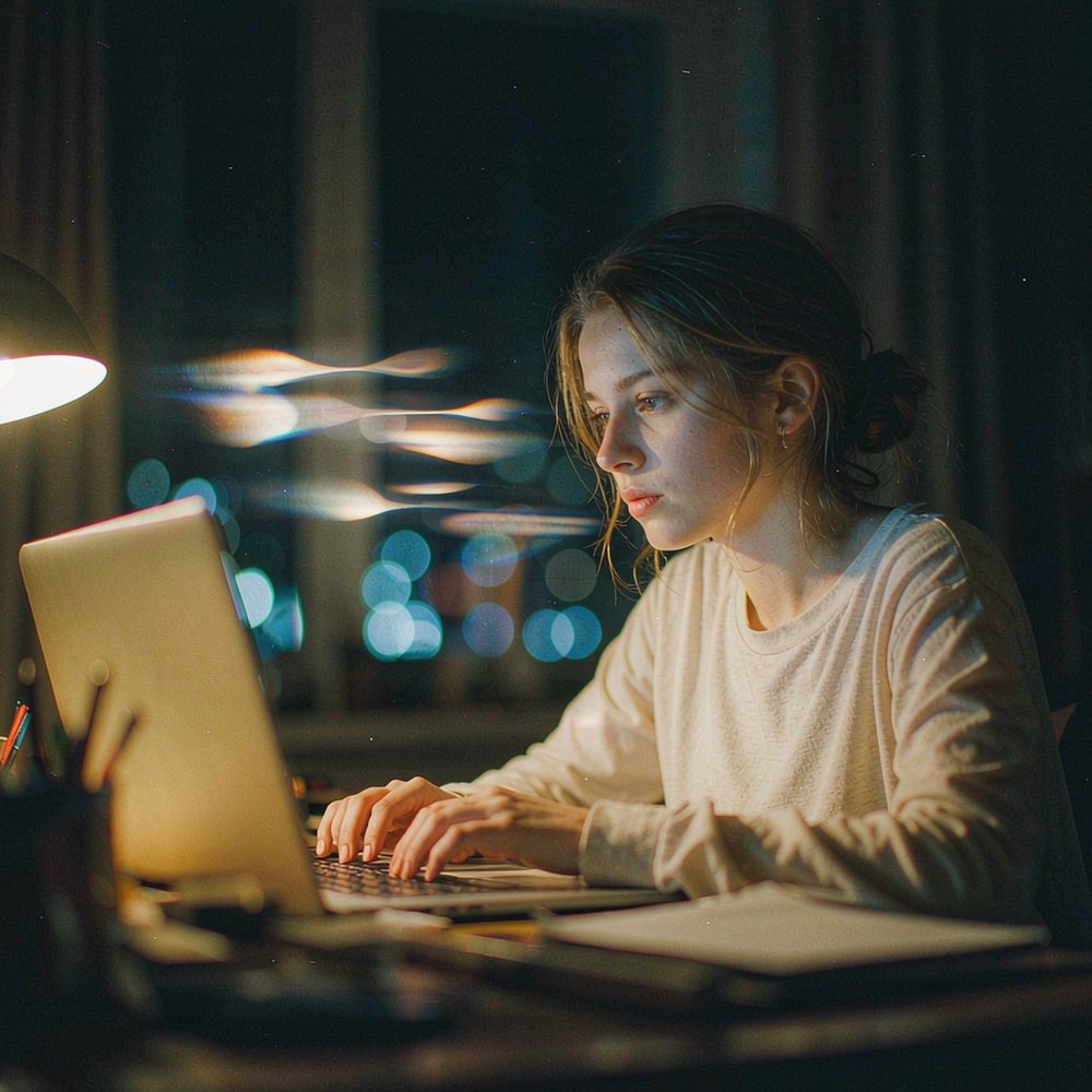 A creator at her desk at night with caption lines floating as light, representing AI auto subtitles and captions by OpenFilmo