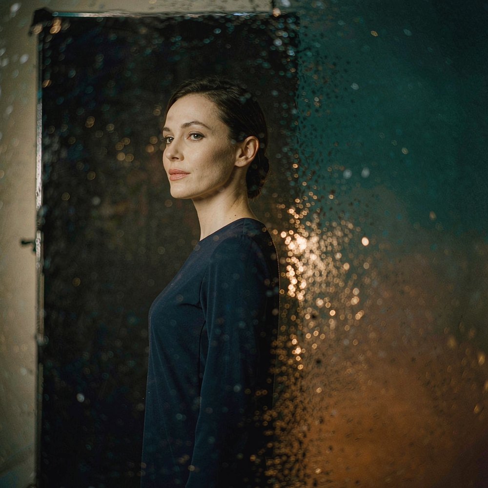 A woman standing as the backdrop behind her dissolves into light, representing the AI background remover by OpenFilmo