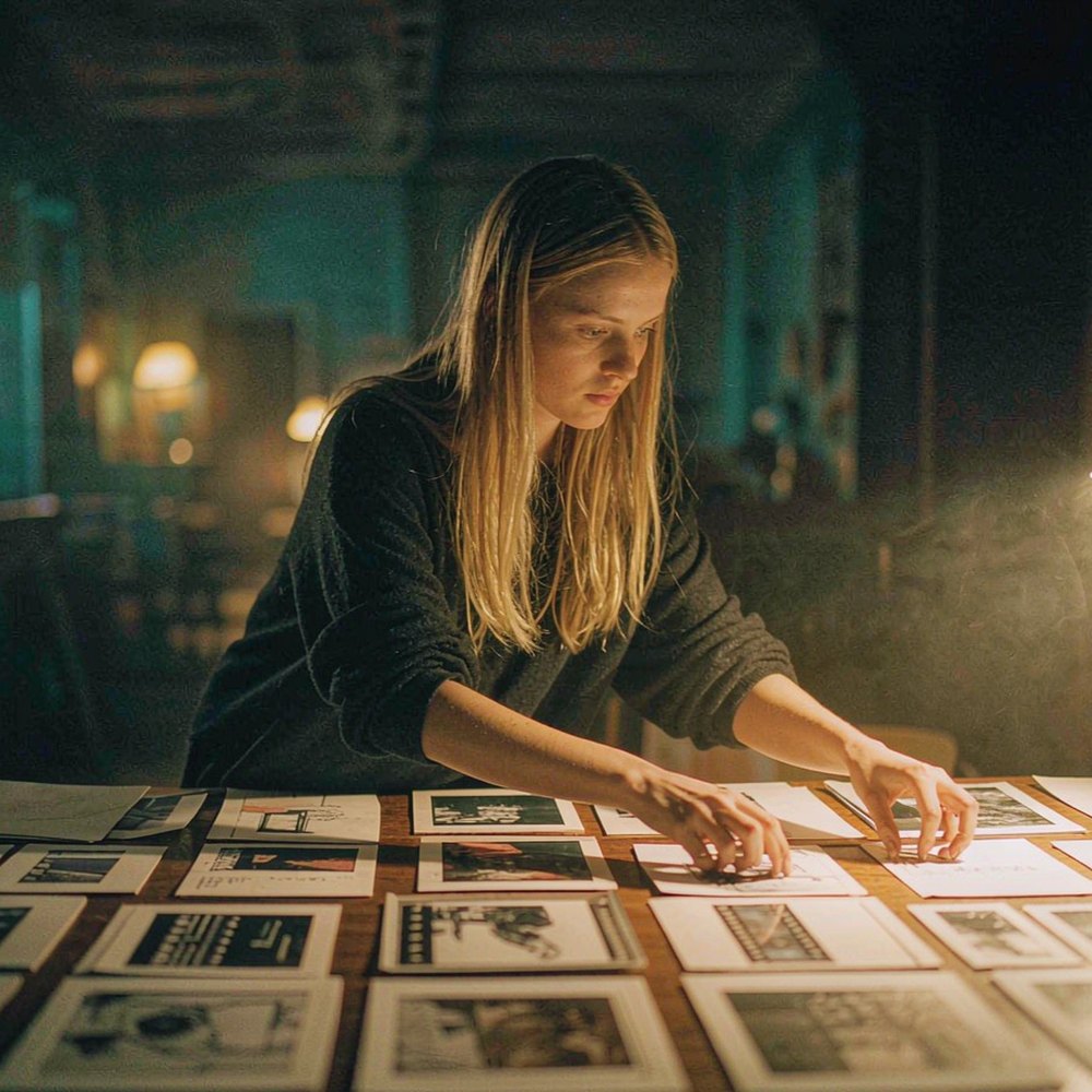 Video Brand Kit & Templates – On-Brand Exports A designer arranging blank brand templates and colour swatches under warm light, representing the video brand kit and templates by OpenFilmo