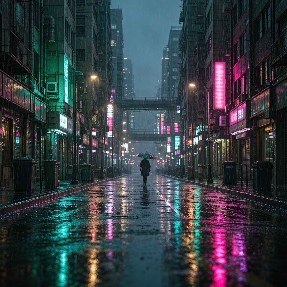 A rain-slicked neon city street at night, representing the AI cinematic film look and colour grading by OpenFilmo