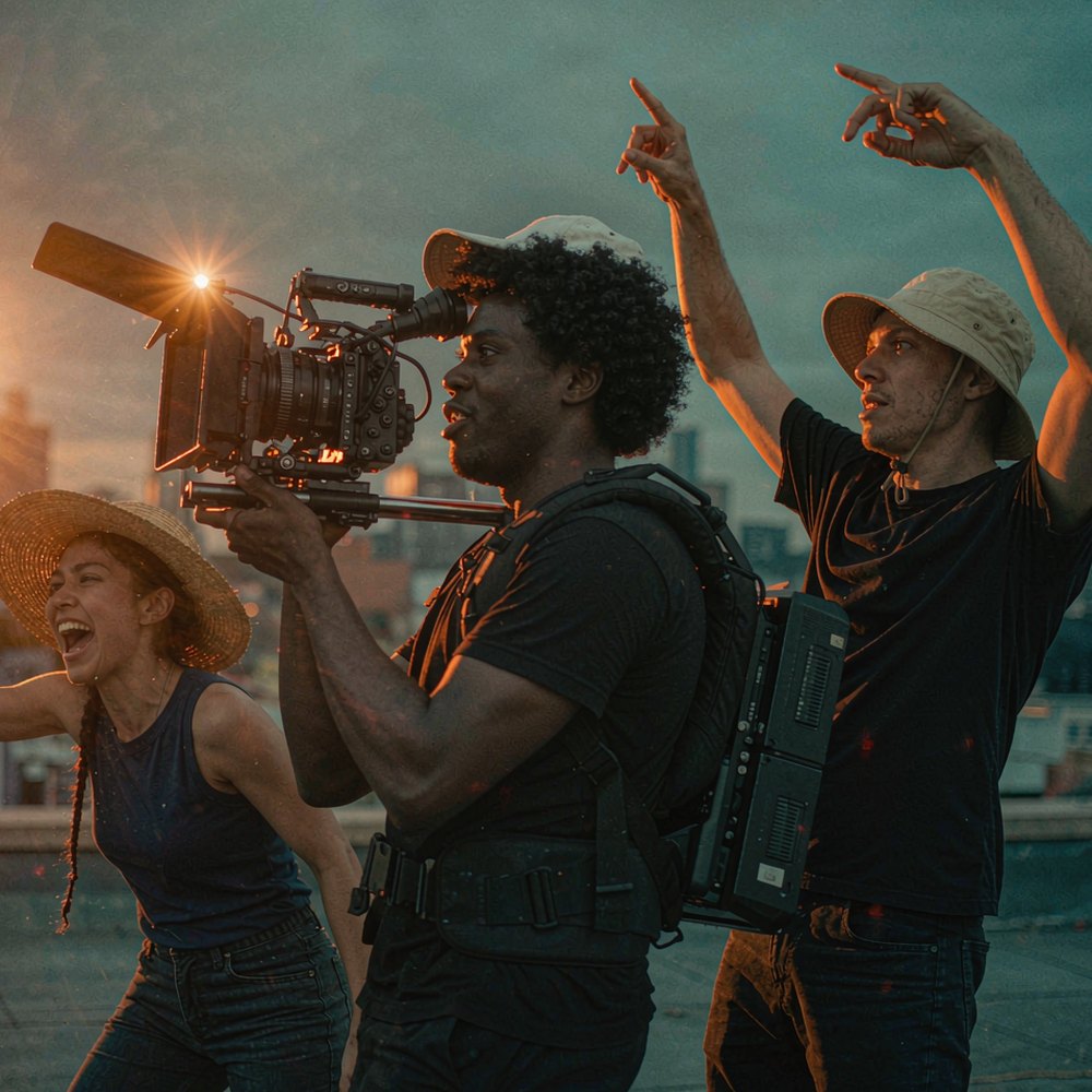 A small film crew shooting on a rooftop at golden hour, representing the AI video creator pro bundle by OpenFilmo