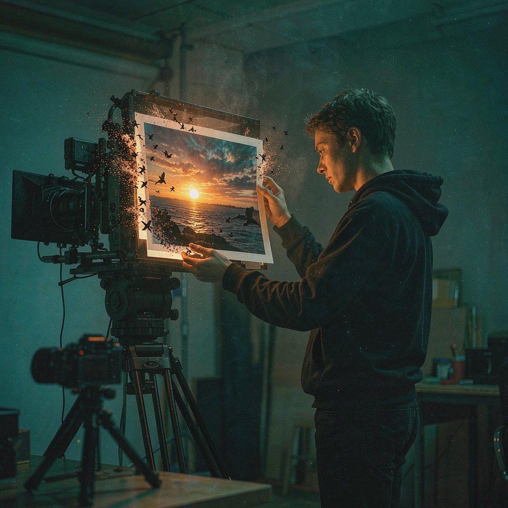 A filmmaker holding a printed photo whose seascape comes alive, representing image to video AI animation by OpenFilmo