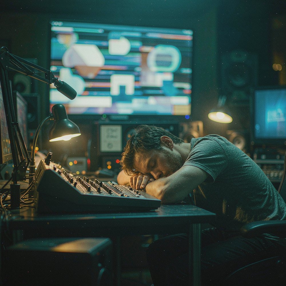 An editor asleep at his desk beneath glowing monitors in a dark suite, representing the AI long-form video editor by OpenFilmo