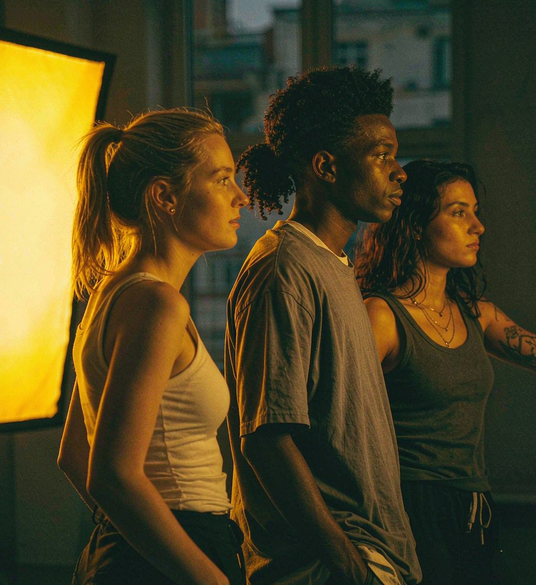 Three creators reviewing their work together in a dim studio, OpenFilmo core tools