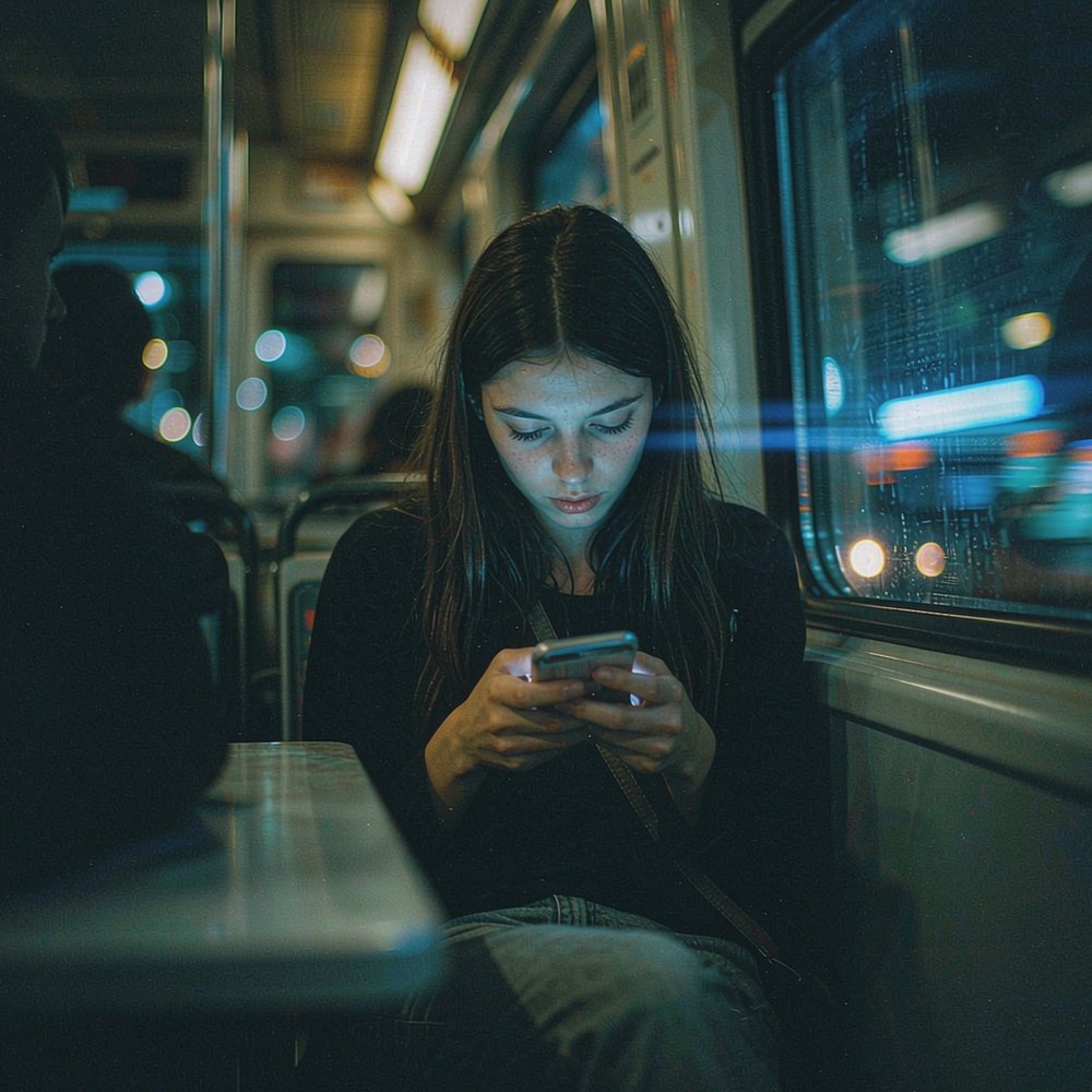 A creator editing on a phone aboard a night train with streaking city lights, representing the AI quick clip generator by OpenFilmo