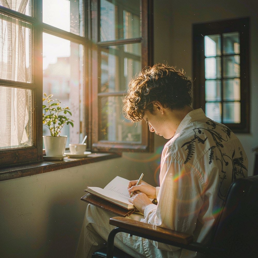 A writer at a sunlit window with an open notebook at dawn, representing the AI video script and prompt writer by OpenFilmo