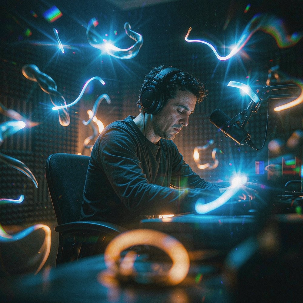 A sound designer surrounded by ribbons of visible sound light in a studio, representing the AI sound design studio by OpenFilmo