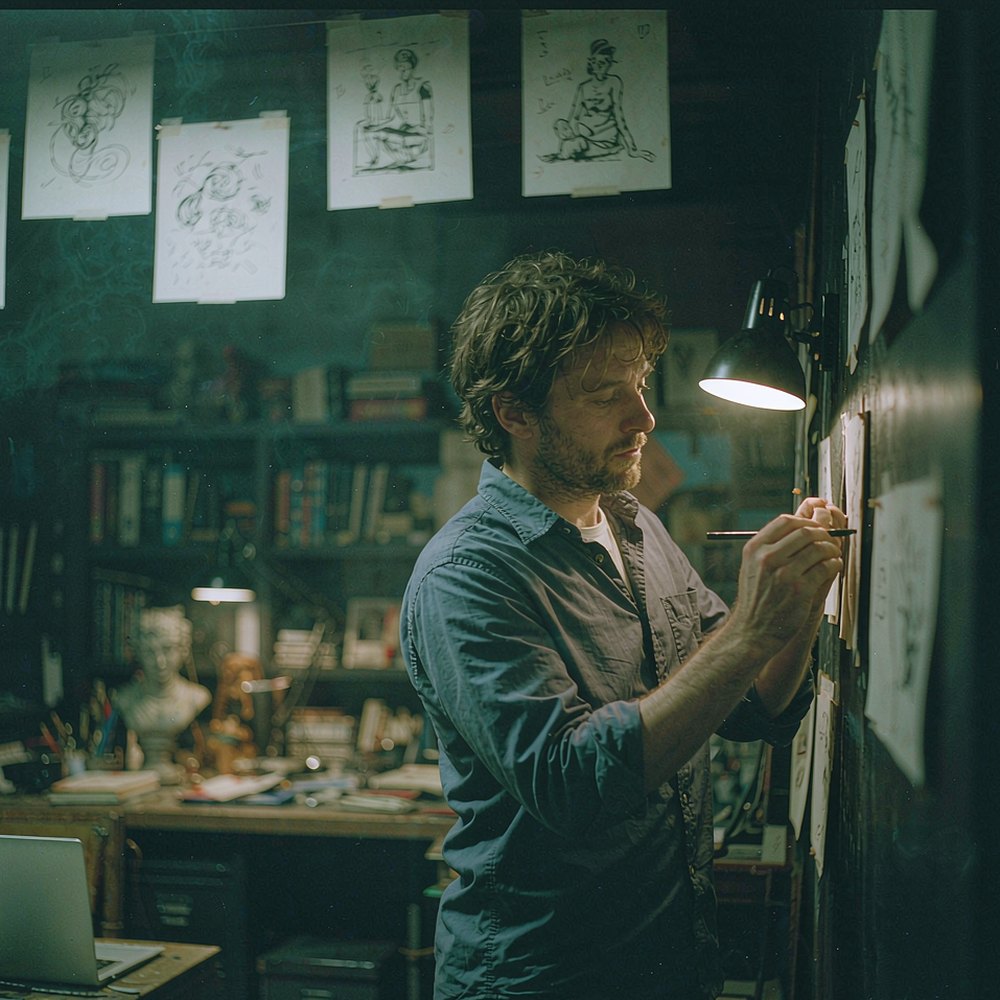 AI Storyboard Generator – Plan Every Shot Fast A director pinning glowing storyboard sketches to a wall in a dim studio, representing the AI storyboard and scene builder by OpenFilmo