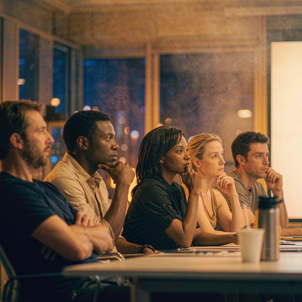 Five collaborators watching one screen together in a warm night office, representing the AI video team plan by OpenFilmo