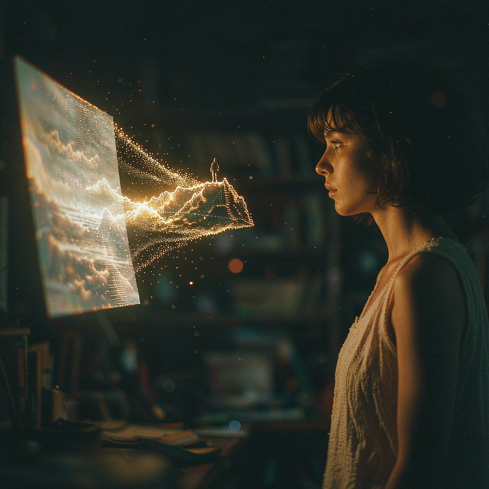 A woman watching glowing particles rise from her screen into a mountain landscape, representing text to video AI generation by OpenFilmo