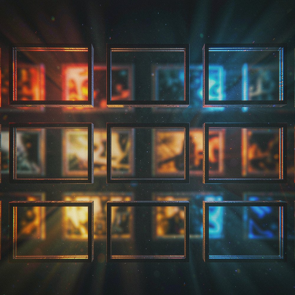 A floating wall of blank cinematic frames each lit in a different colour, representing AI thumbnail and cover generation by OpenFilmo