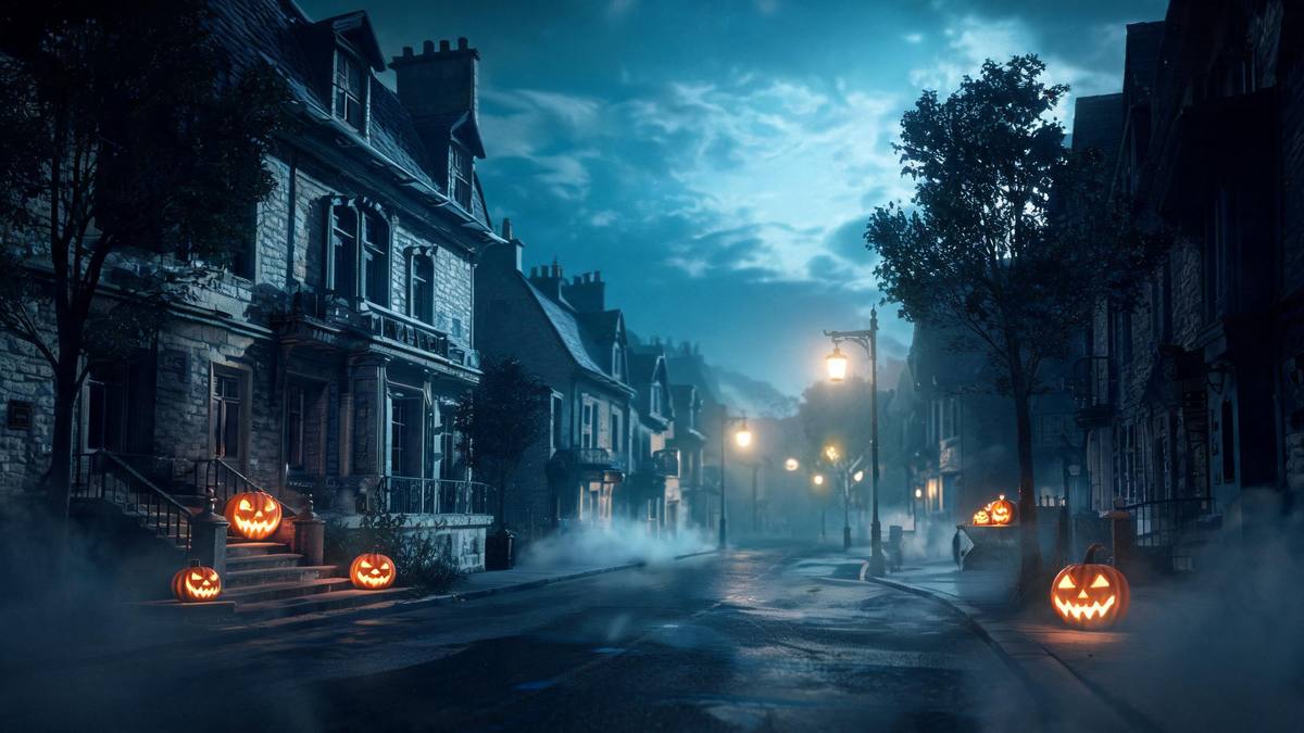 An empty foggy street at night under the haloes of street lamps