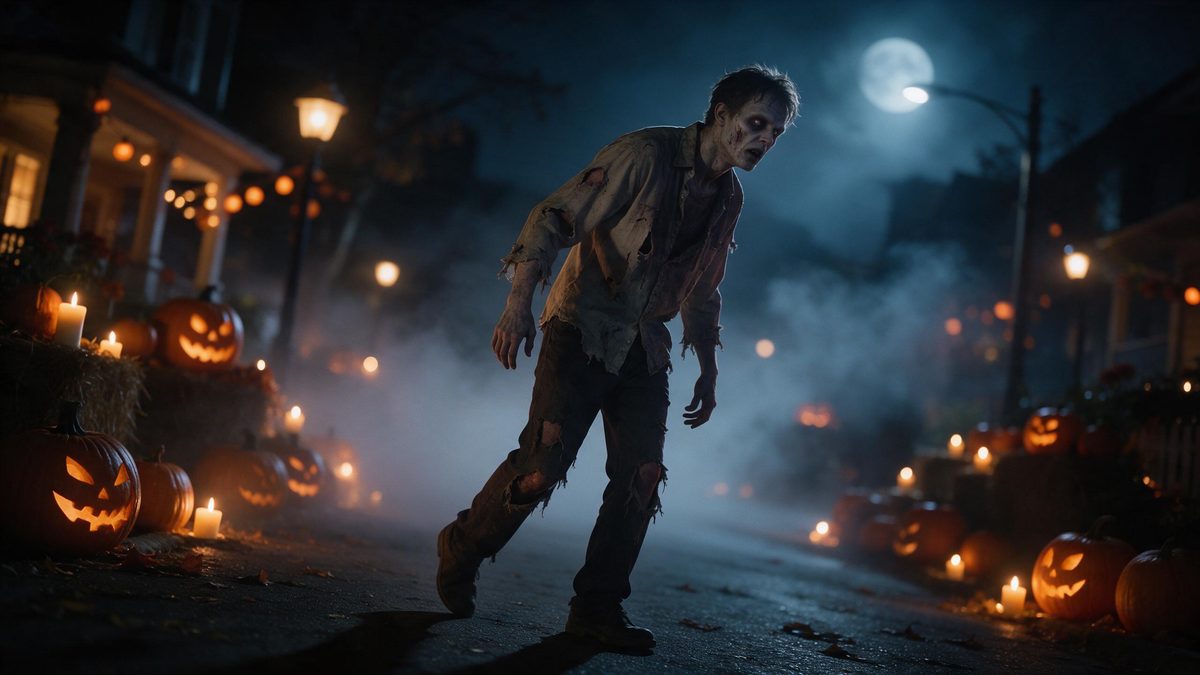 A man walking in a stiff zombie posture down a foggy street at night, street lamps haloing the mist